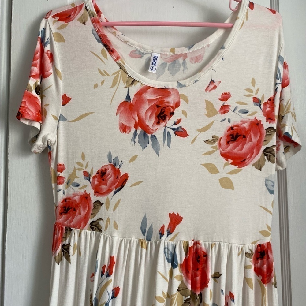 VIISHOW White Floral Short Sleeves Casual Max Dress with Pockets, Sz: Large - Picture 4 of 10